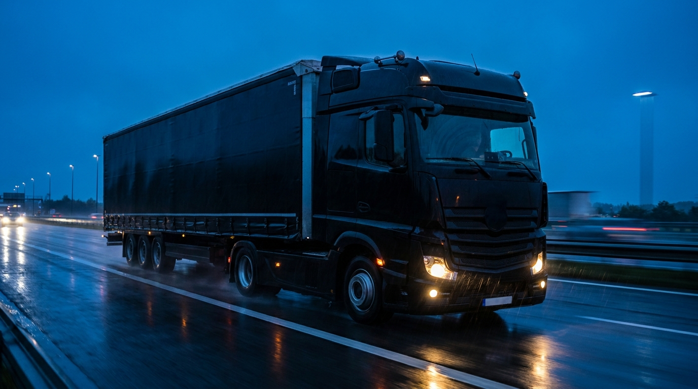Camion negru cu prelată pe autostradă la apus