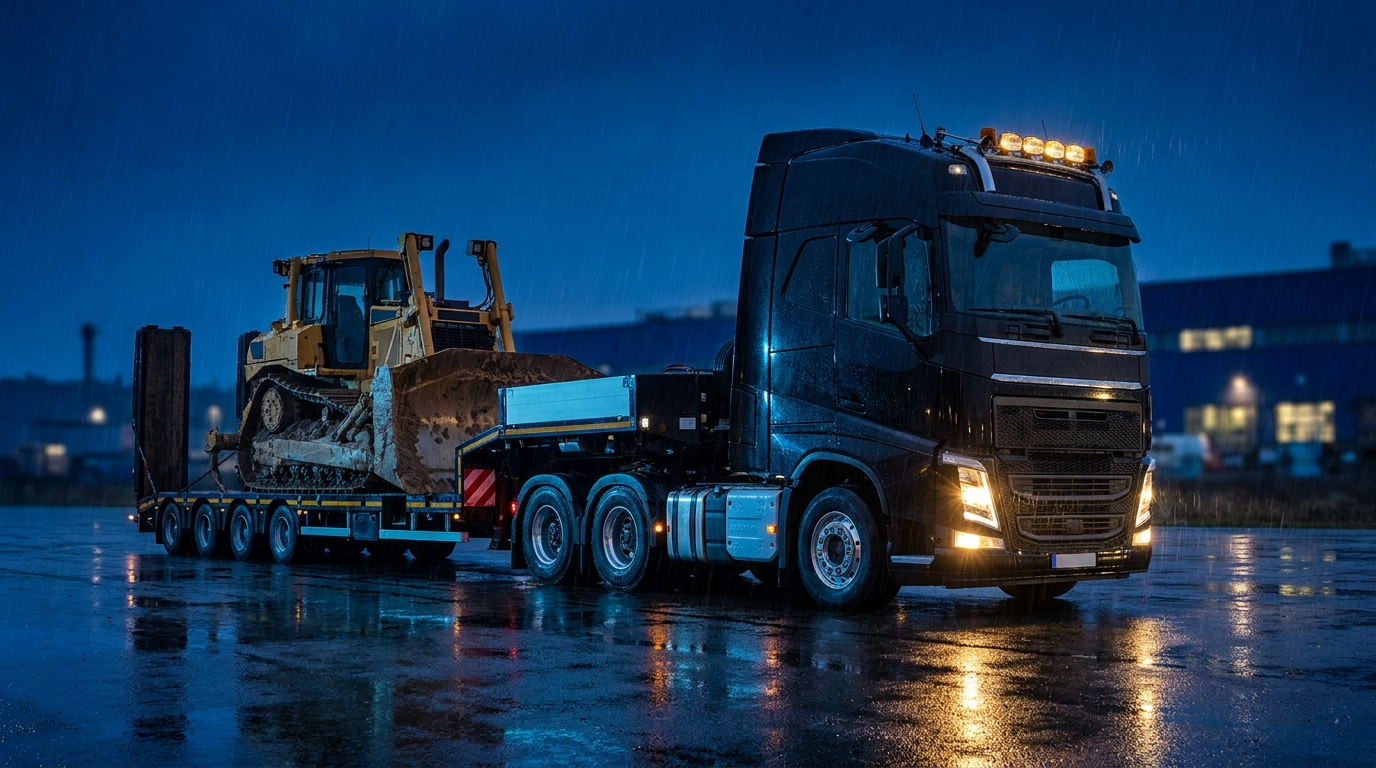 Camion negru cu trailer modular low-loader transportând un buldozer