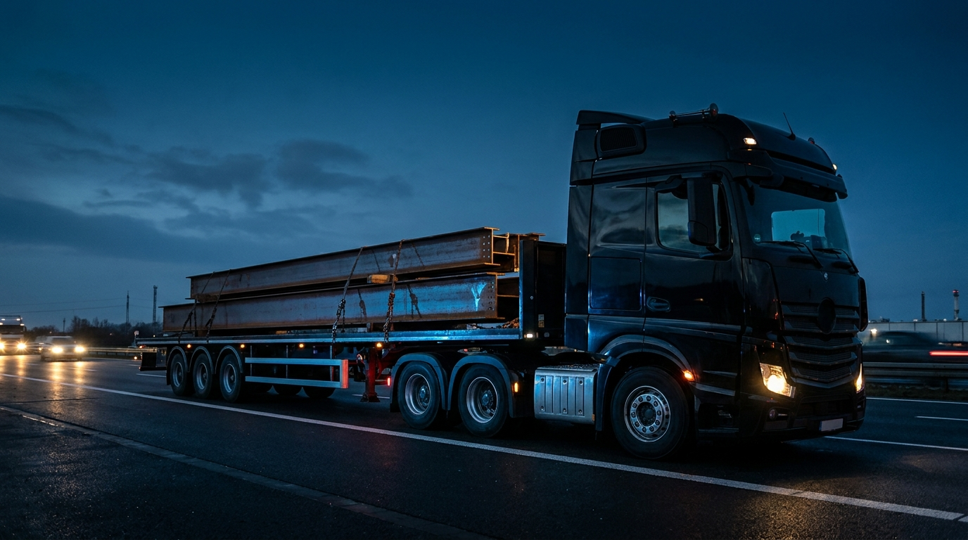Camion negru cu trailer telescopic extensibil transportând grinzi metalice lungi