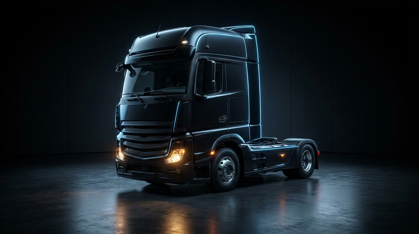 Cap tractor negru modern, fotografiat în studio cu lumină dramatică